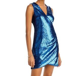 Aqua Women's Cobalt Blue Sequined Sleeveless Faux Wrap Surplice Mini Dress sz S